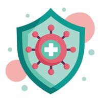 Graphical Teal Shield with Pink Viruslike Shape and Plus Symbol on White Background vector