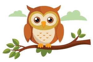 Charming Brown Cartoon Owl Perched on Tree Branch with Foliage and Clouds Design vector