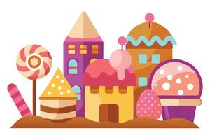 Whimsical Flat Style Candy Land with Colorful Building Structures and Sweets vector
