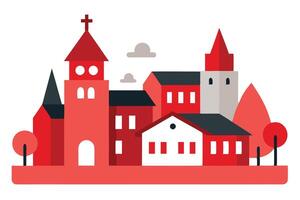 Flat Red and White Architecture of Church, Houses with White Background vector