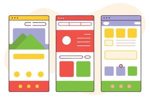Three Smartphone Frames with Different Color Layouts and UI Element Illustrations vector