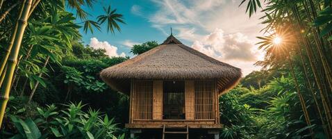 Tropical bamboo hut under a bright sky surrounded by lush greenery and sunlight photo