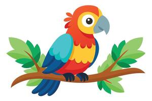 Cartoon Parrot with Colorful Plumage Perched on Tree Branch with Leaves Design vector