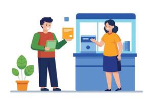 Cheerful Man Giving to Woman at Counter with Happy Expression On White vector