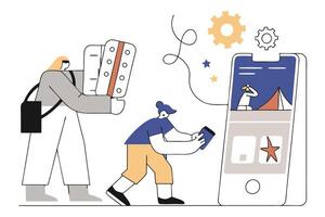 Blond Haired Woman with Accordion and Man with Mobile on White vector
