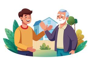 Smiling Young Man and Senior Man High Five in Cartoon Style with White Background vector