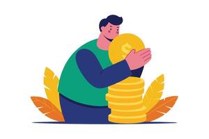 Cartoon Man Hugging Gold Coins Stack on White Background Icon Flat vector