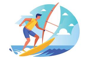 Man Windsurfing with Yellow Sailboard on Blue Water and Sky vector