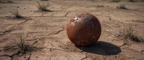 A rusty ball sits in the middle of a dry field photo