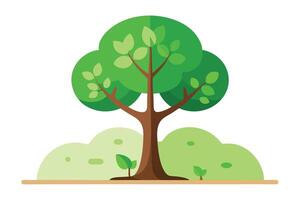 Flat Design of Simple Tree with Green Leaves, Brown Trunk, and Shrub on White vector