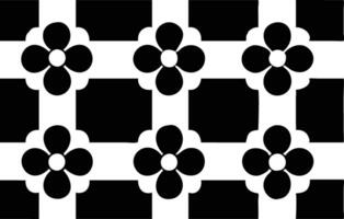 Retro Floral Pattern Design with Black Flowers and Squares on White Background vector