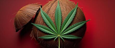 Coconut with marijuana leaf on top and coconut shell photo