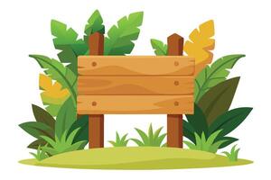 Cartoon Wooden Plank Sign with Jungle Foliage on a White Background vector
