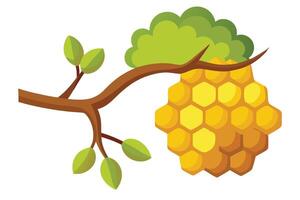 Cartoon Tree Branch with Leaves and Honeycomb on White vector