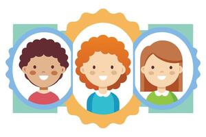 Joyful Cartoon Kids Portraits with Colorful Frames on Transparent Background vector