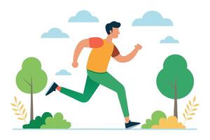 Man Running in Flat with Trees, Clouds and White Background vector