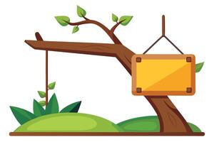 Rustic Tree Branch with Hanging Wood Sign on Green Hill, Leaves against Transparent Background vector