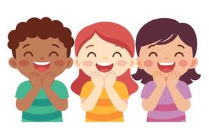 Three Happy Smiling Cartoon Kids Diverse Ethnicity Hands on Face White Background vector