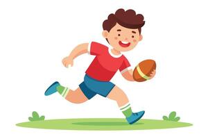 Cartoon Boy Running with Rugby Ball on Green Field and White Background vector