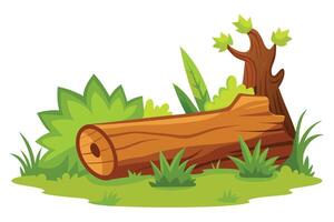 Cartoon fallen tree trunk with leaves on the white backdrop. Simple outdoor vector