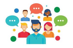 Diverse Group with Speech Bubbles Flat Design on White Background, Teamwork, Chat vector
