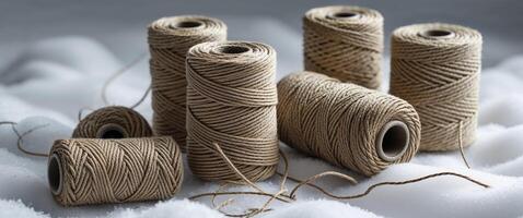 Natural hemp twine spools on a clean white surface emphasizing rustic texture photo