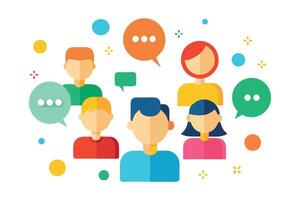 Flat Colorful People Icons Grouped with Speech Bubbles on White Background vector