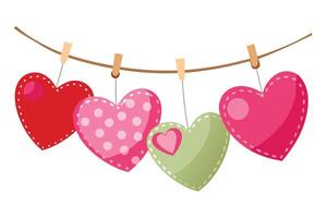 Colorful Cloth Hearts Hanging on a String with Clothespins on White Background vector