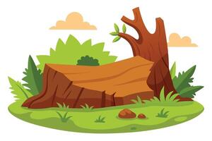 Forest with Tree Stump, Green Grass, Leaves, Sky and Cartoon Clouds on White vector