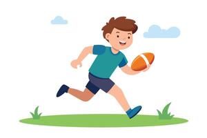 Cartoon Boy Running with Football on Green Field with Clouds on White Background vector