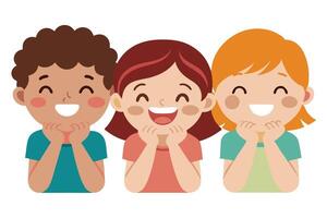 Cheerful Diverse Children Smiling with Hands on Face in Cartoon Flat vector