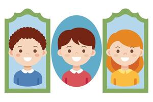 Cartoon Portraits of Children Boy and Girl in Blue Oval and Green Rectangular Frames vector