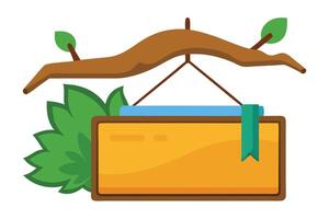 Wood Signboard Hanging from Branch with Green Ribbon, Beside Leafs isolated on white vector