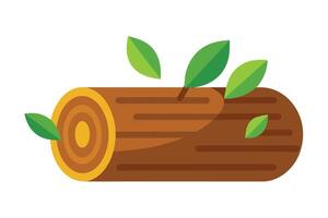 Flat Log with Green Leaves on a White Background, Natural Wood Art vector
