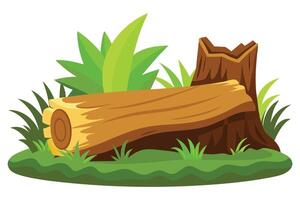 Cartoon Log and Tree Stump with Lush Green Grass and Foliage on White Background vector