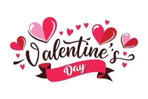 Valentine's Day Script Text with Ribbon Banner, Hearts on White vector