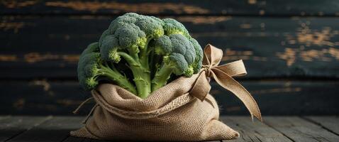 Fresh broccoli in burlap sack with ribbon on dark rustic background photo