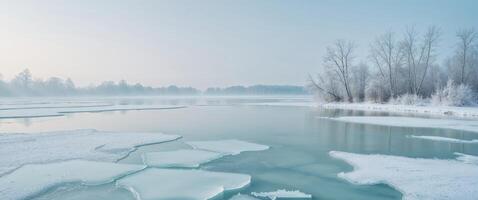 scene is enhanced by tranquil and motionless effect created when coldness of winter turns bodies of water into fragile layers of ice. photo