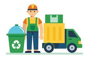 Cartoon Worker Next to Truck with Trash and Recycle Bin on White Background vector