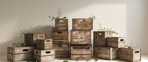 Stacked wooden boxes of varying sizes creating a rustic and natural aesthetic perfect for home decor and storage. photo