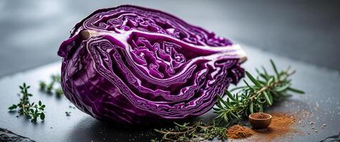 Close up of Delicious Roasted Red Cabbage on Slate Surface with Herbs and Spices Still Life photo