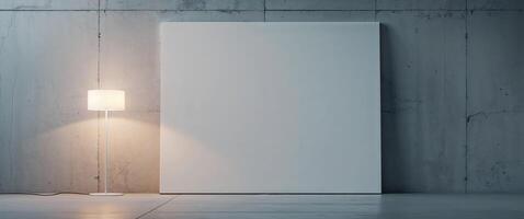 Blank canvas on empty space with concrete wall background and floor lighting. photo