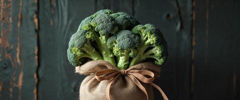Fresh broccoli in burlap sack with ribbon on dark rustic background. photo
