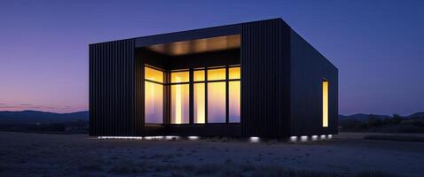 Modern black cube luxury house exterior with illuminated windows at dusk photo