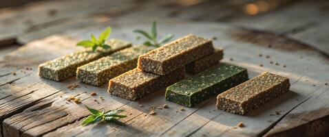 Nutritious hemp bars displayed on a wooden surface. photo