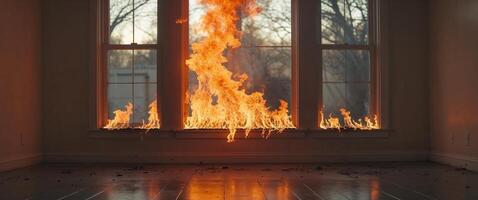 Flames engulf a room through the windows during a fire at a residential location in broad daylight photo