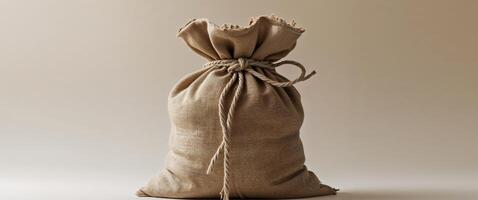 Burlap sack with twine tie on neutral background. photo