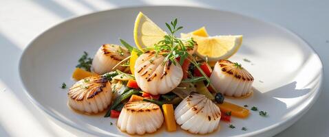 Grilled Scallops and Vegetables with Fresh Herbs and Lemon Slices. photo