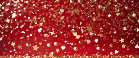 Generate a festive red backdrop filled with floating golden confetti in various shapes. photo