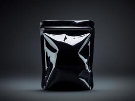 Mysterious Unmarked Black Pouch with Glossy Texture on Dark Background. photo
